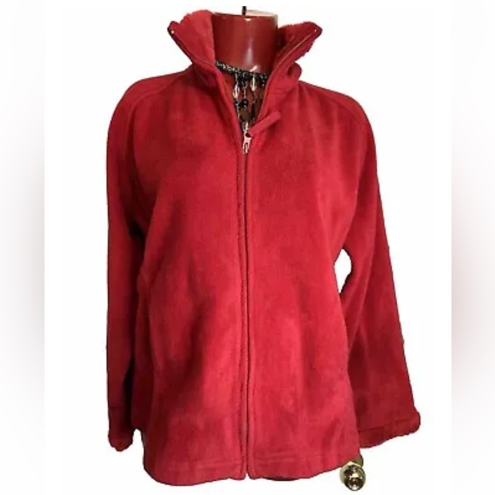 CONTACT NEW YORK ZIPPERED FLEECE RED SWEATER- FURRY COLLAR & SLEEVES- SIZE  L